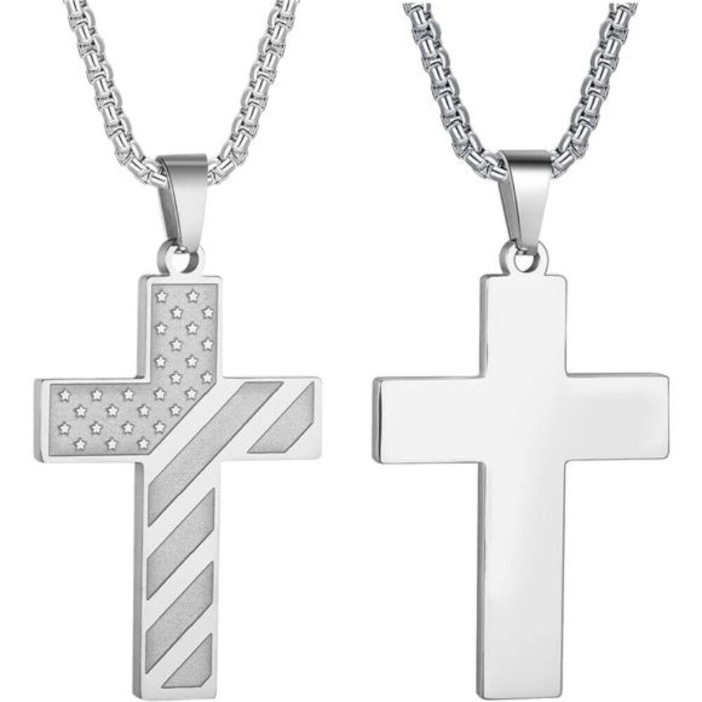 SILVER American Flag Cross Necklace Men Stainless Steel Box Chain 22+2 inch NWT